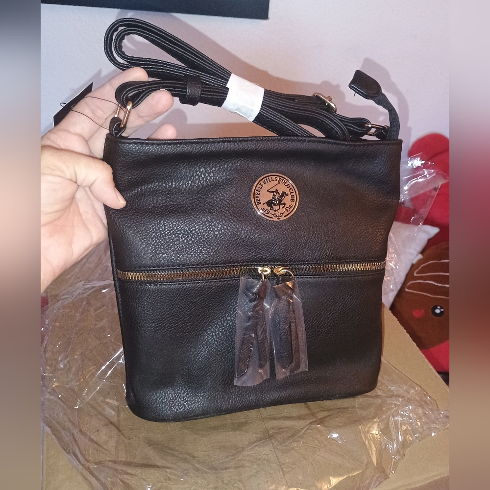 Black Beverly Hills Pollo Club Leather Crossbody Bag with Logo